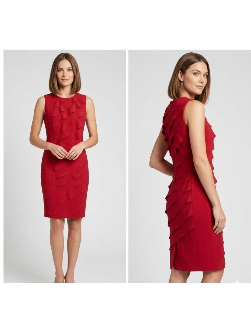Calvin Klein Dress Size 4 Petite Sleeveless Red Sheath Diagonal Tiered Ruffle